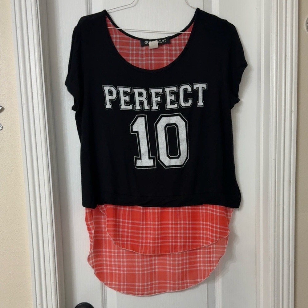 Got 2 HAV'IT black varsity style top "PERFECT 10" plaid orange & white plaid 1X